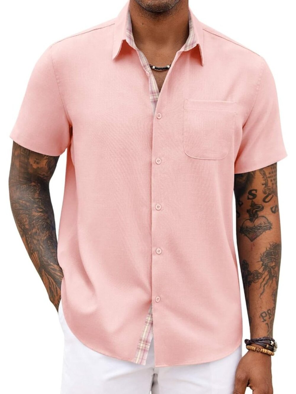 Men's Pink Short Sleeve Casual Summer Breathable Button Down Shirts